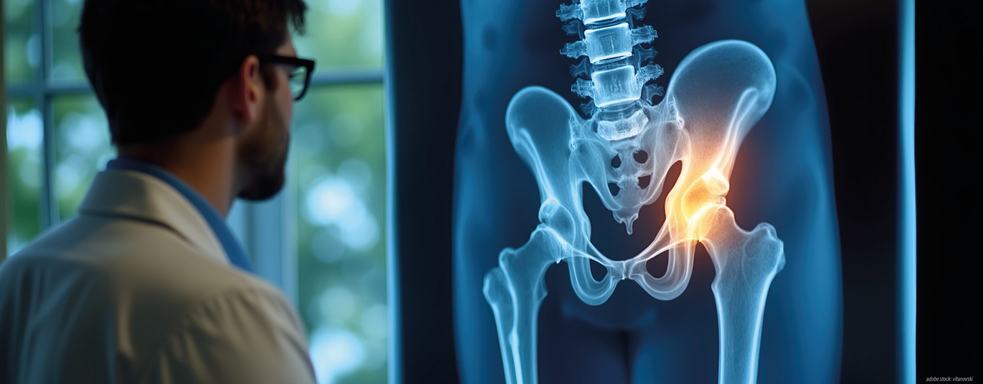Männliche Person in weißer Krankenhausarbeitskleidung betrachtet ein Röntgenbild von menschlichen Hüften.