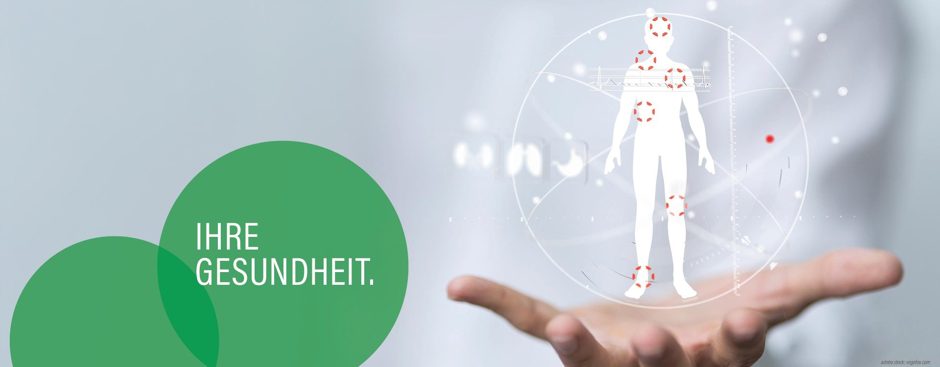 Über einer Hand schwebt ein Hologramm des menschlichen Körpers. Um das Hologramm sind in weiß umrandeten Kreisen Piktogramme der menschlichen Organe angeordnet. Ein grüner Kreis mit der Aufschrift Ihre Gesundheit.