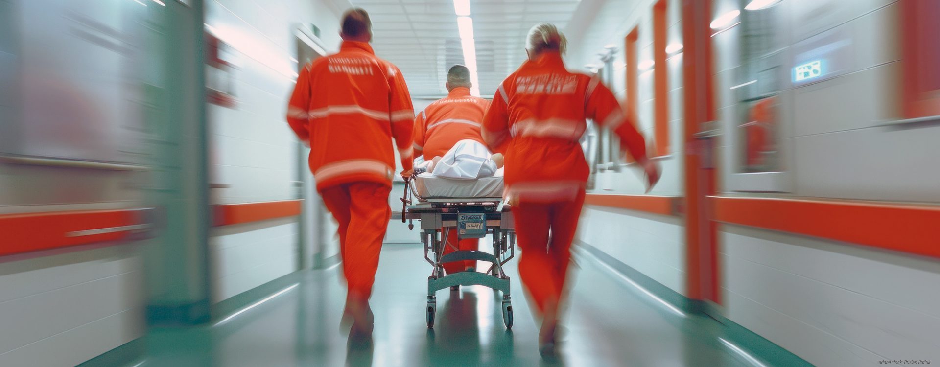 Drei Rettungskräfte in orangefarbener Arbeitskleidung schieben eilig eine Trage mit einer liegenden Person einen Krankenhausflur entlang