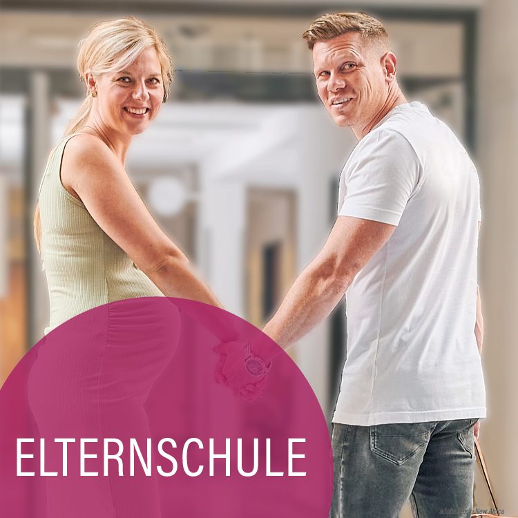 Handhaltendes Paar mit schwangerer Frau, brombeerfarbener Kreis mit der Aufschrift Elternschule