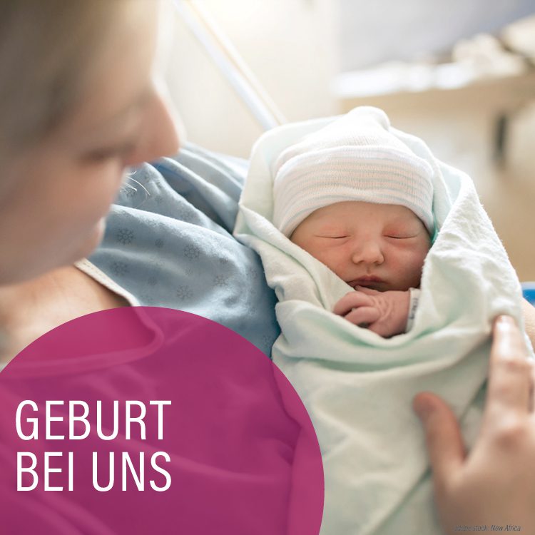 Mutter mit Neugeborenem, am linken unteren Rand brombeerfarbene Kreise mit der Aufschrift Geburt bei uns