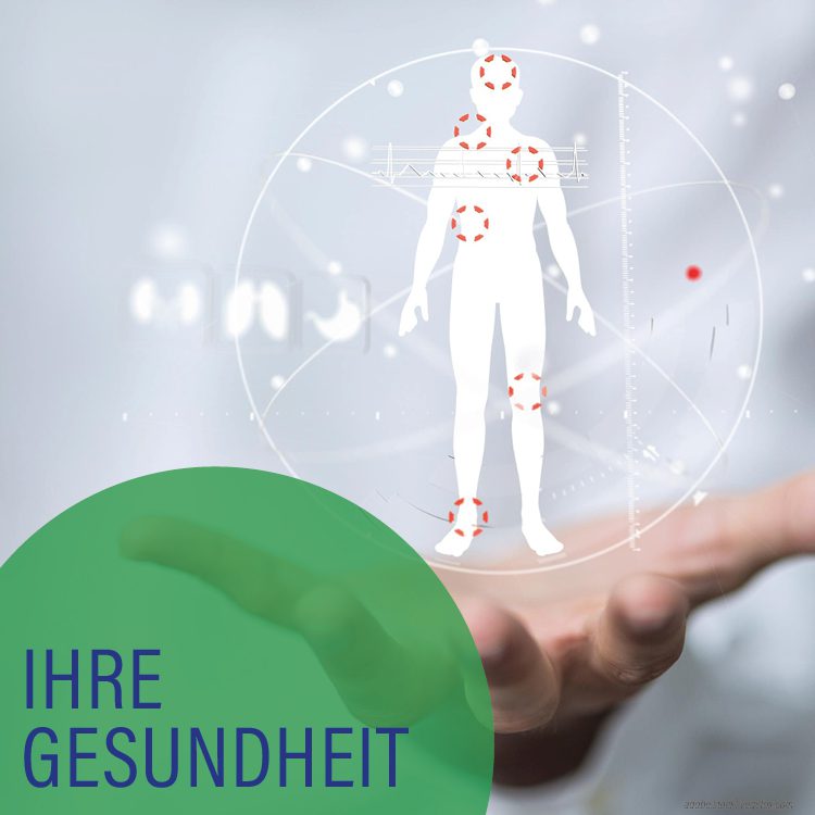 Über einer Hand schwebt ein Hologramm des menschlichen Körpers. Um das Hologramm sind in weiß umrandeten Kreisen Piktogramme der menschlichen Organe angeordnet. Mittelgrüner Kreis mit der Aufschrift Ihre Gesundheit