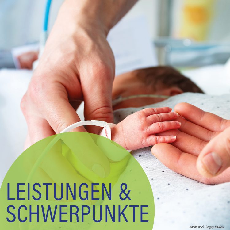 Zwei Hände halten die winzige Hand eines Frühgeborenen im Wärmebett, das Neugeborene ist an verschiedene medizinische Geräte angeschlossen, hellgrüne Kreise mit der Aufschrift Leistungen und Schwerpunkte