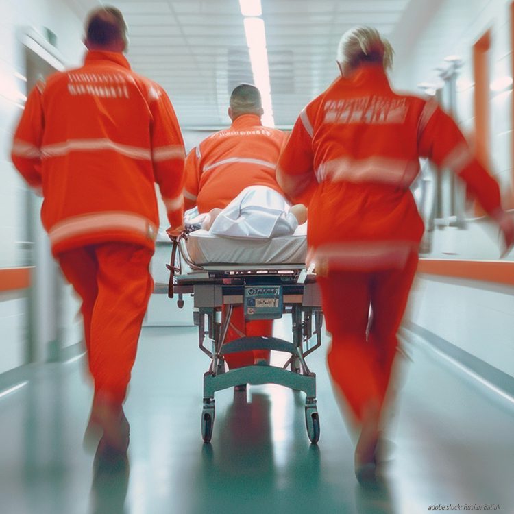 Drei Rettungskräfte in orangefarbener Arbeitskleidung schieben eilig eine Trage mit einer liegenden Person einen Krankenhausflur entlang