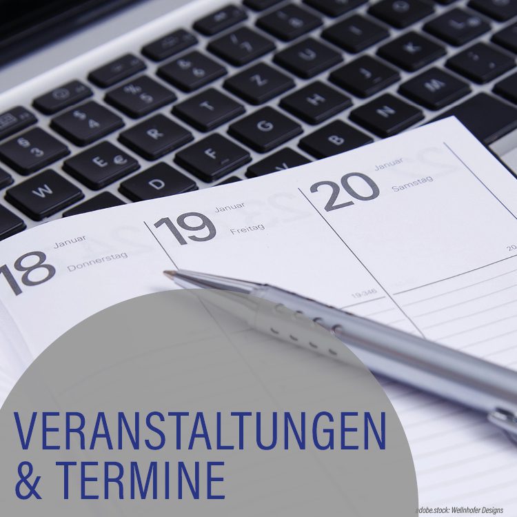 Tastatur, Kalender und Schreibstift, graue Kreise mit Aufschrift Veranstaltungen und Termine