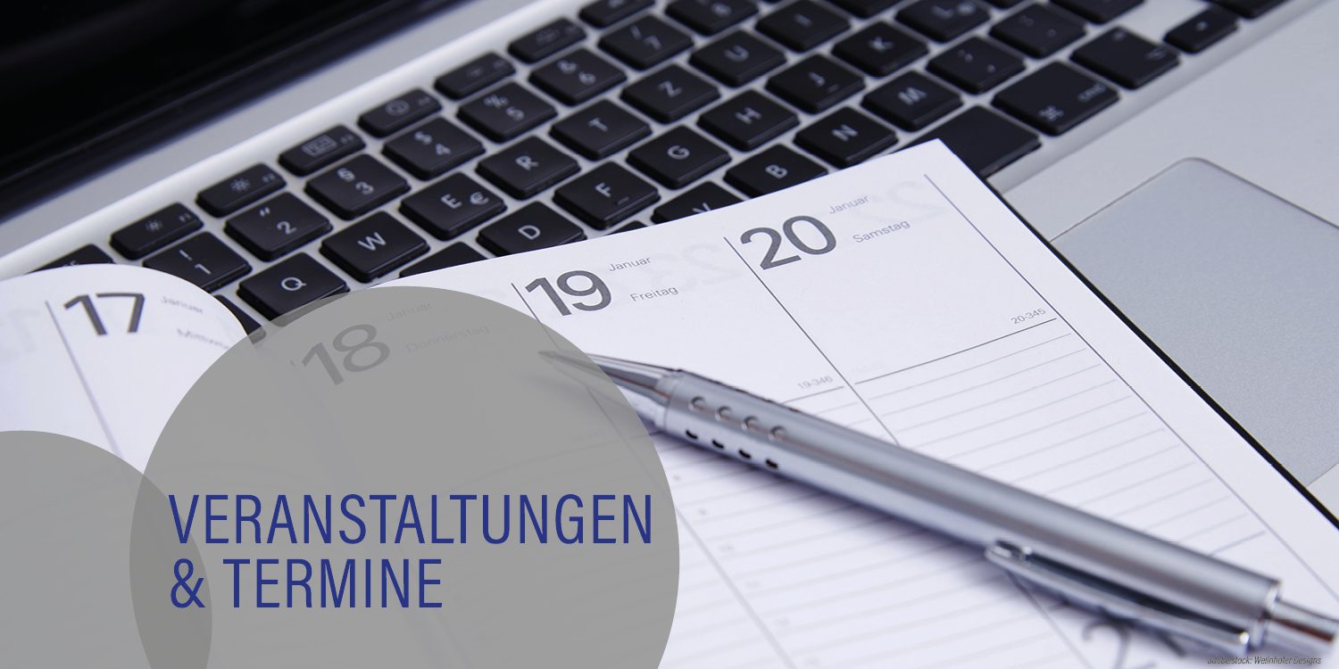 Tastatur, Kalender und Schreibstift, graue Kreise mit Aufschrift Veranstaltungen und Termine
