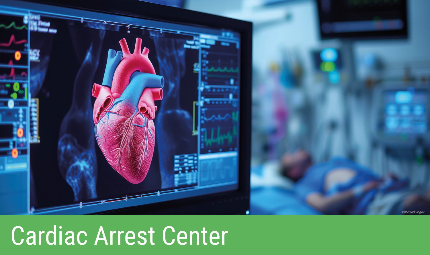 Monitor mit schematischer Darstellung des menschlichen Herzens, im Hintergrund unscharfer Untersuchungsraum mit liegendem Patienten. Grüner Balken am unteren Bildrand mit Aufschrift Cardiac Arrest Center.