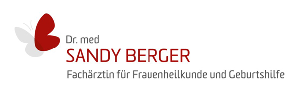 Schmetterlingssymbol mit grauem und rotem Flügel, Logo von der Praxis Sandy Berger, Fachärztin für Frauenheilkunde und Geburtshilfe